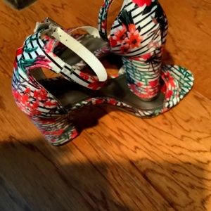 Pink floral block heel sandals